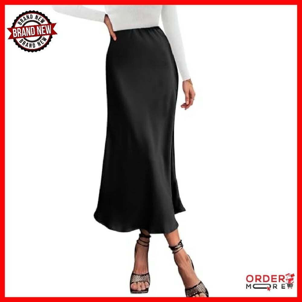 Satin Midi Skirt High Waist Elastic Flowy A-Line Elegant - Picture 2 of 8